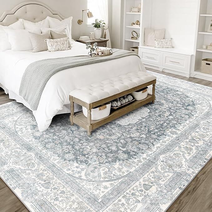 8x10 Area Rugs Washable,Grey Rug for Living Room Bedroom Dining Room,Large Boho Vintage Bohemian Distressed Carpet Non Slip,Floral