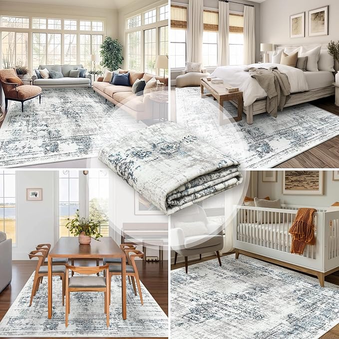 Madane 8x10 Area Rugs for Living Room, Machine Washable Vintage Rug with Non-Slip Backing, Soft Throw Large Rug, Thin Carpet for Bedroom Dining Room Farmhouse Under Table, Blue/Grey