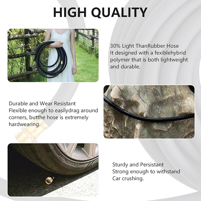 Garden Hose 5/8" x 50ft - Brass Rubber Heavy Duty Water Hose 600 PSI Burst Pressure, Durable Flexible Hose for Yard, Car Wash, Pets Black
