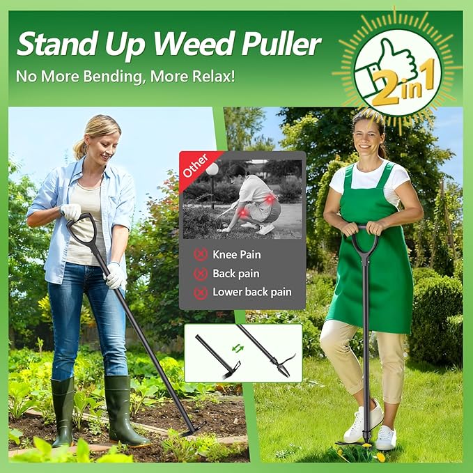 Stand Up Weed Puller Tool, 2-in-1 Weed Puller with 4 Claw Head & Rake, Effortless Root Puller for Dandelion & Weeds, No Bending or Kneeling, Ergonomic Garden Tool for Lawn & Yard Care