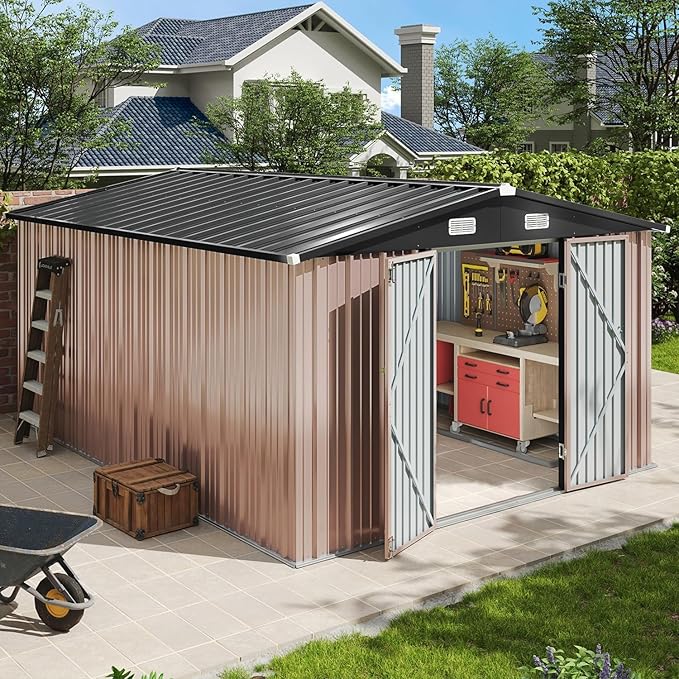 Aoxun 10'x12' Outdoor Metal Storage Shed with Lockable Door & Sloping Roof- Ideal for Tools, Garden Equipment & Bikes, Perfect for Patio Placement(Brown)