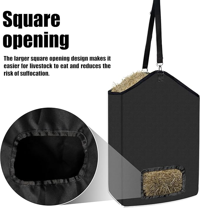 2-Pack Hanging Hay Feeder Bags, 19.7x17.7x6 Inch Slow Feed Hay Net for Horses, Goats, Cows, Alpacas, Durable Oxford Cloth with Metal Rings & Strap, Reduce Waste & Keep Feed Dry