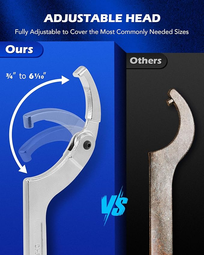 Orion Motor Tech 8pc Adjustable Pin Spanner Wrench Tool Set, Spanner Nut Wrench Tools with Changeable Heads for Pipes Heating Cars, Coilover Hook Wrenches for Suspension System, 3/4" to 6-1/10"