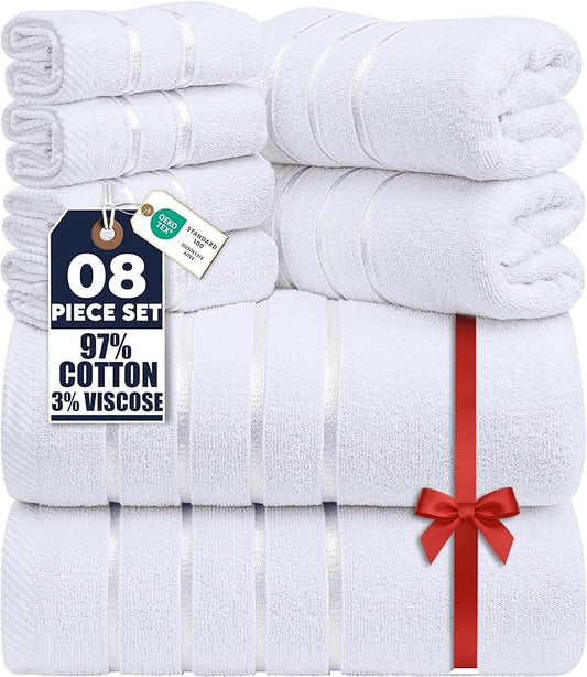 Utopia Towels 8 Piece Luxury Towel Set, 2 Bath, 2 Hand, and 4 Wash Cloths, 600 GSM Ring Spun Cotton, Highly Absorbent Viscose Stripe Towels, Ideal for Everyday use, White