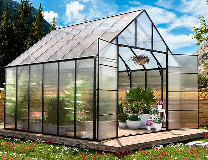 10x10x12 FT Heavy-Duty Greenhouse 2.0 with Polycarbonate Panels, Swing Door, Hinged Roof Vent, and Rain Gutters for Outdoor Use, Aluminum Black