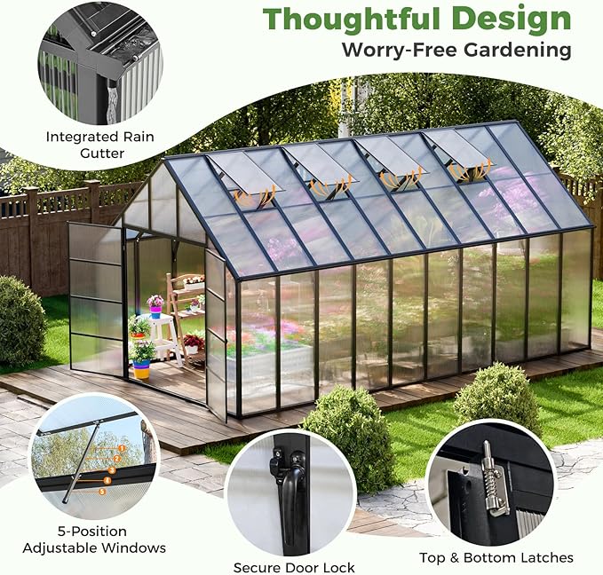 10'x10'x20' Snap-Together Greenhouse - Easy 3-Way Connectors, Heavy-Duty Aluminum Frame, Wind/Snow Resistant for Gardening/Urban Farming, Includes Sliding Door & Ventilation Windows
