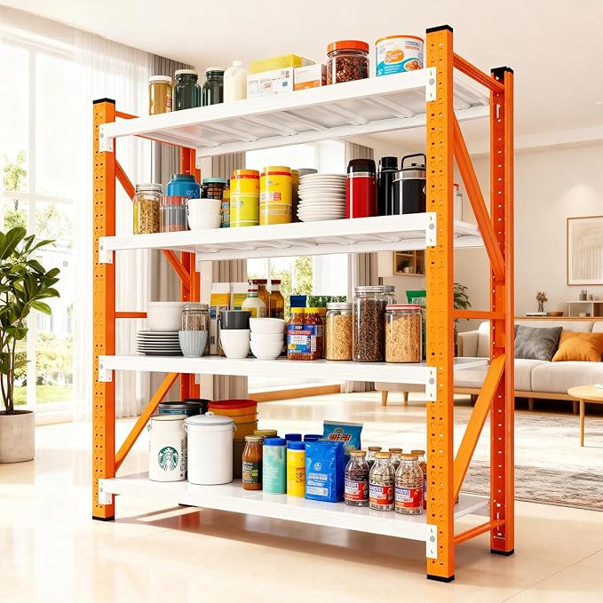 4-Tier Storage Shelves,79" H Heavy-Duty Garage Shelving Unit,Adjustable Metal Industrial Shelf System,4,000lbs Capacity,Tool Organizer for Garage,Workshop,60" W x 20" D x 79" H,Orange&White