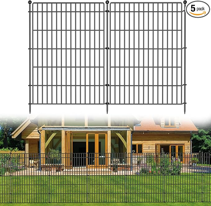 5 Panels No Dig Garden Fence Animal Barrier, 44in(H) × 11.8ft(L) Decorative Metal Outdoor Dog Fence, Rustproof Pet Fencing for Yard, Patio, Flower Bed -Temporary Fencing| Easy to Install
