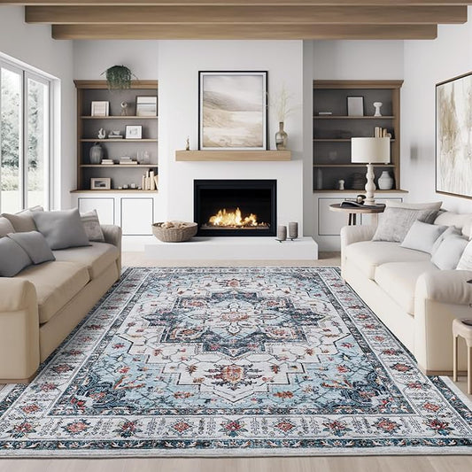 zesthome 8x10 Area Rugs,Stain Resistant Washable Rug,Ultra-Thin Rugs for Living Room,Bedroom,Non-Slip Backing Home Decor Large Area Rug (Blue,8'x10')