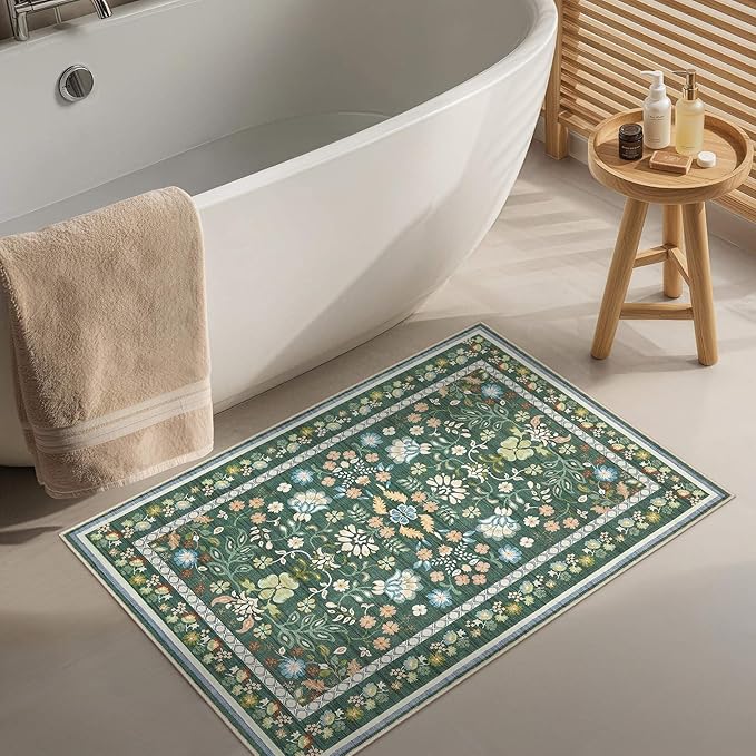 Door Mat Entrance Rug: 2x3 Washable Area Rug Boho Floral Small Rug - Non-Slip Low Pile Throw Indoor Carpet for Entryway Kitchen Front Door Bathroom Entry Kids Room - Green