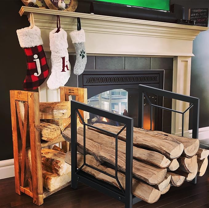 GREEN PARTY Firewood Rack Heavy Duty Large Firewood Holder, Indoor/Outdoor Log Rack Wood Holder for Fireplace, Kindling Wood Storage and Stove Accessories(Black) (Square Pattern)