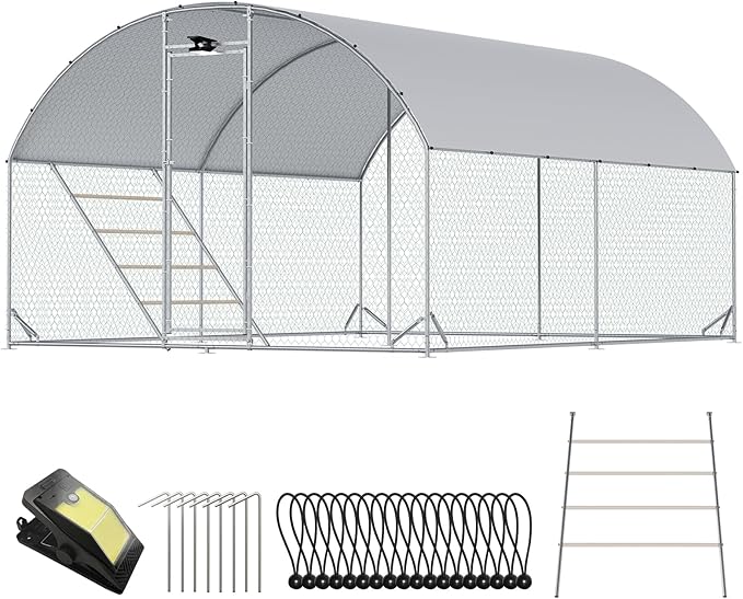 Chicken Coop Large Metal Chicken Run with Full-Top Waterproof Cover - Chicken House for 16/20 Chickens, Poultry Cage with Solar Light, Backside Poles, Walk-in Pen for Rabbits Ducks Yard 2 Room