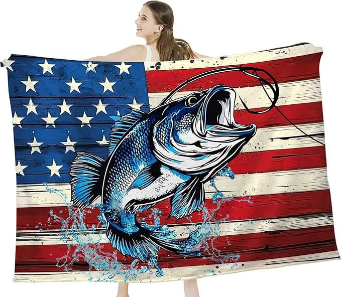 Bass Fish Blanket American Flag Fishing Throw Blankets Gifts for Girls Boys Kids Fishing Lover Soft Cozy Fleece Plush for Couch Sofa Bed 50"x40"