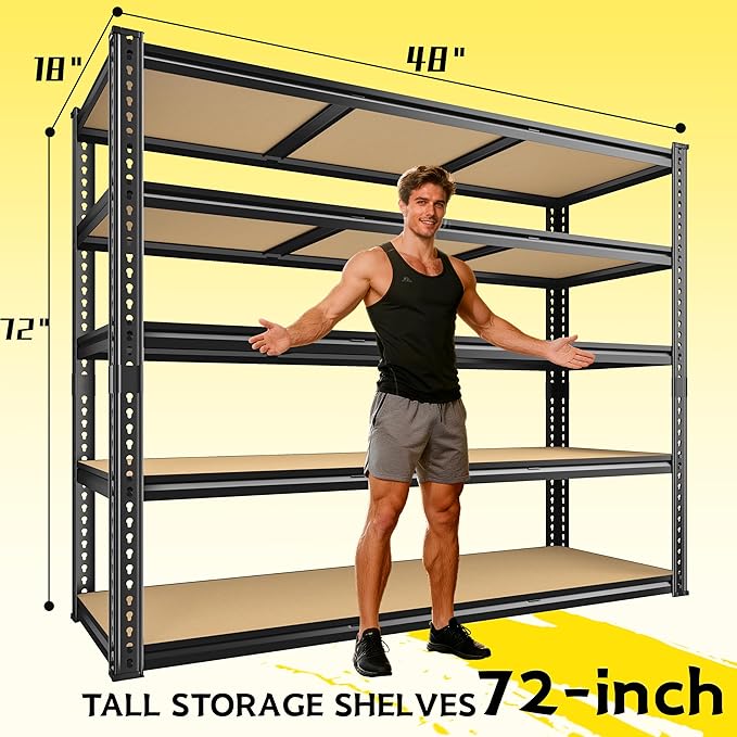 48" W Garage Shelving Heavy Duty 2800LBS Garage Storage Shelves, 5 Tier Adjustable Metal Shelving Unit Utility Rack Shelf for Warehouse, Pantry, Closet, Kitchen 72" H x 48" W x 18" D, Black，2PCS