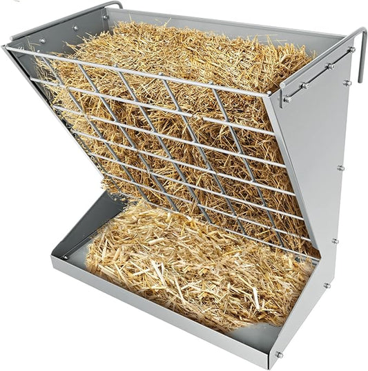 Wall Mount Hay Rack, Heavy-Duty Galvanized Metal 2 in 1 Hay and Grain Feeder, Livestock Feeder with Adjustable Distance, Hay Feeder for Goats, Sheep, Horse