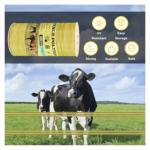 Electric Fence PolyTape Horse Fencing Tape 1312 Feet 400m, High Visibility 0.8 Inch 20mm Width, 6 Strong Stainless Steel Conductors, Yellow and Black, Equine Horse Livestock Electric Fencing