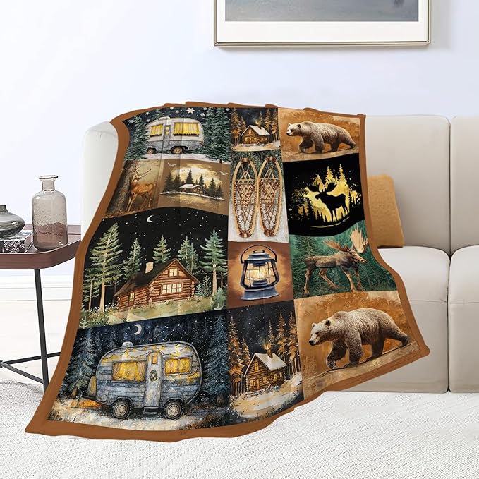 Camping Blanket Cabin Bear Deer Throw Blankets Gifts for Girls Boys Kids Camping Lover Soft Cozy Fleece Plush for Couch Sofa Bed 80"x60"