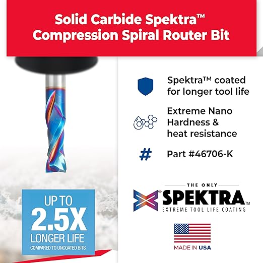 Amana Tool Spektra Extreme Tool Life Coated Solid Carbide CNC Compression Spiral Router Bit, 46706-K, 1/2 D x 1-1/4 CH x 1/2 Shank x 3 Inch Long 2 Flute