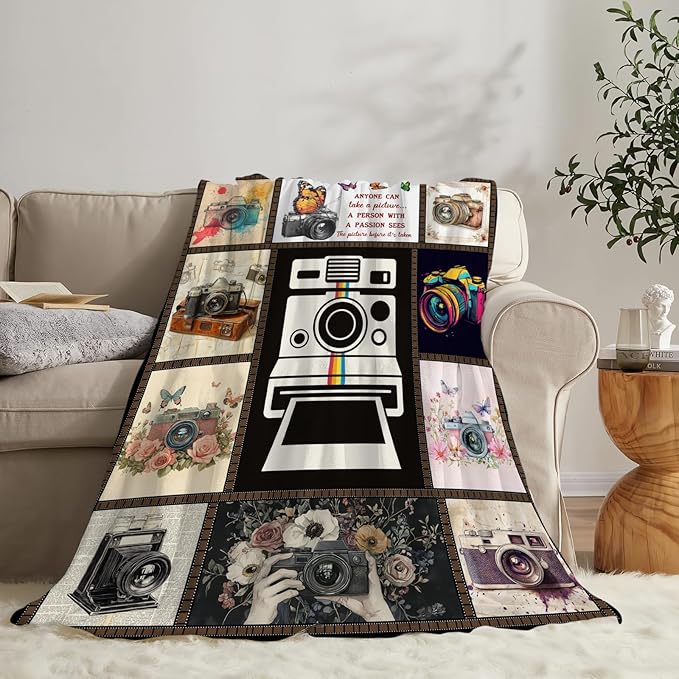 Retro Camera Fleece Blanket Photography Throw Blankets for Girls Boys Super Soft Warm Flannel Vintage Throws Gifts for Men Women Cozy Fuzzy Plush Stuffed Couch Bed Bedding Decor 80"X60"