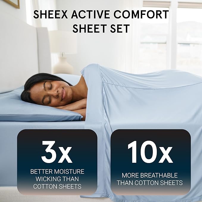 SHEEX - Active Comfort Cooling Sheets Set (Queen) Pewter - Moisture Wicking - 1 Flat Cooling Sheet, 1 Fitted Cooling Sheet, 2 Cooling Pillow Covers - Wrinkle Free - Sleep Aid