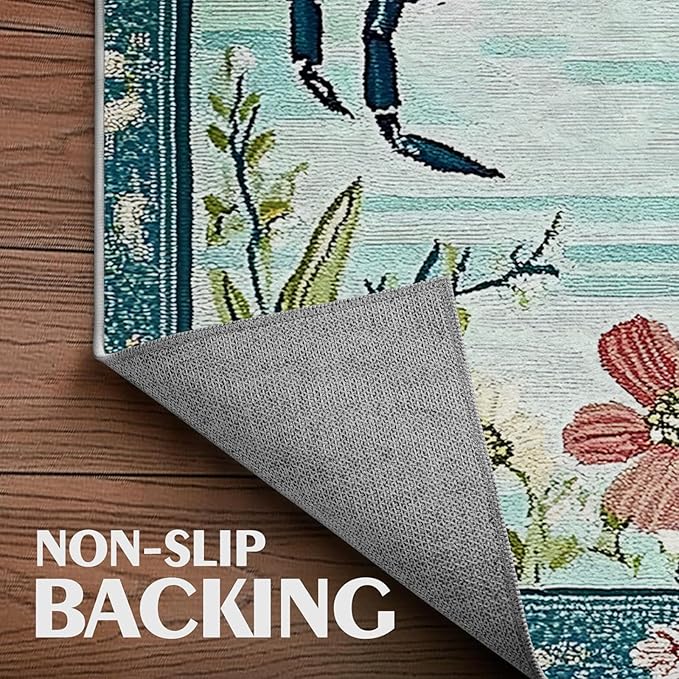 8x10 Crab Area Rugs Boho Teal Rug for Living Room Indoor Soft Non-Slip Thin Large Carpet Floral Flower Rugs for Bedroom Home Decor Under Table Washable Machine