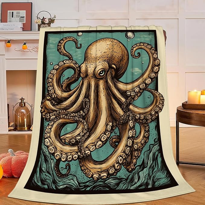 Octopus Blanket, Ocean Octopus Throw Blanket, Nautical Marine Gifts Blankets Stuff Fleece Flannel Plush for Girls Women Men Boys Lovers Adults Soft Bedding Gift for Sofa Bed Office Home Decor 80"x60"