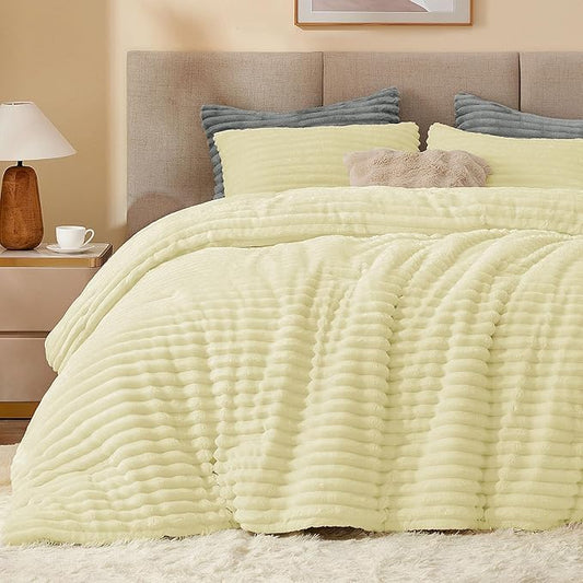BEDELITE Fleece King Comforter Set -Super Soft & Warm Fluffy Transparent Yellow Bedding, Luxury Fuzzy Heavy Bed Set for Winter with 2 Pillow Cases