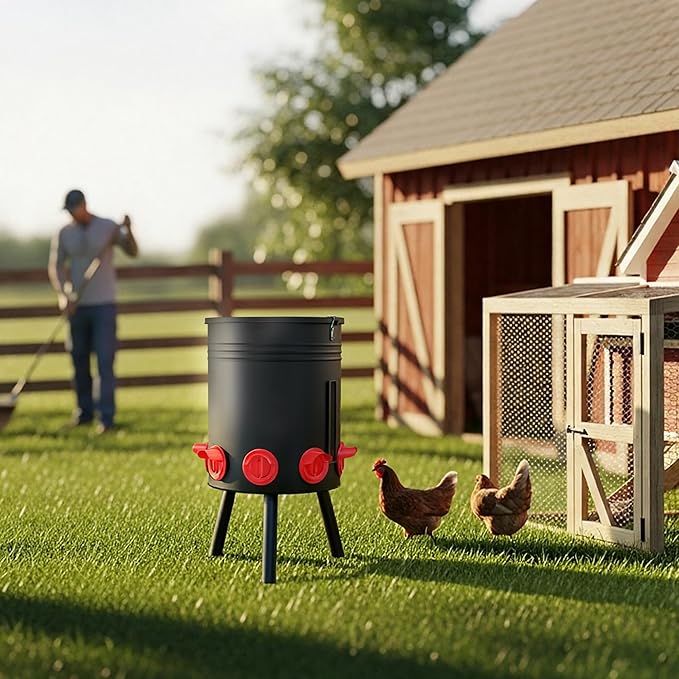 KOL 50 LB Large Free Standing Chicken Feeder, Portable Gravity Chicken Feeder Automatic, Dispenser, 8 Feeding Ports Poultry Feeder for Chicken Rooster & Hen (Black)