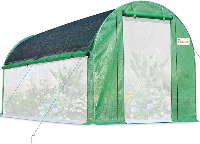 KING BIRD Premium 15x6.6x6.6FT Greenhouse for Outdoors, Large Walk-in Heavy Duty Galvanized Steel Frame, Mesh Door Screen Window Tunnel Hoop Garden Plant Winter Hot House, Side Screen Mesh, Green