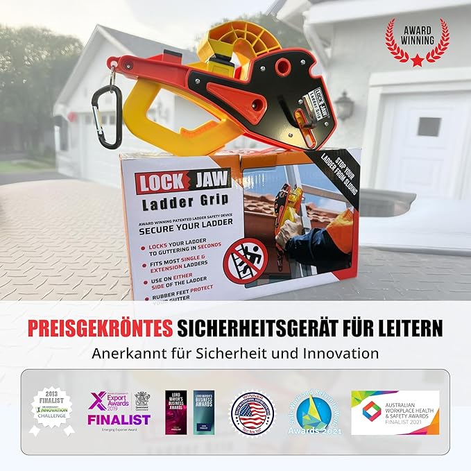 Lock Jaw Roof Ladder Stabilizer Hook for Gutter - Standoff in 5 Seconds with Slide-Lock Security - Prevent Aluminum Ladders Top Movement & Falls - Award-Winning Extension Ladder Accessories for Roof