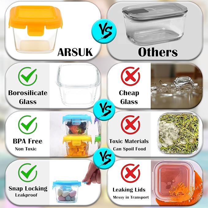 ARSUK Square 5OZ Glass Food Storage Containers with Airtight BPA-Free Lids 6 Pack, Small Glass Freezer Containers for Sauce, Sides, Meal Prep - Reusable & Dishwasher Microwave Fridge Freezer Safe