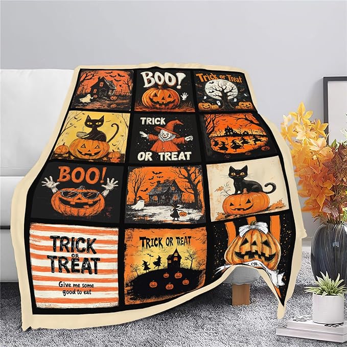 Halloween Blanket, Pumpkin Black Cat Fleece Flannel Throw Blanket, Trick or Treat Soft Lightweight Stuff Throws Gifts for Women Men Boys Girls Lovers Adults Lovers Sofa Decor 80"x60"