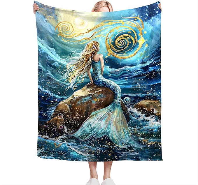 Mermaid Blanket Gifts for Girls Boys Soft Warm Plush Little Mermaid Coastal Ocean Throw Blanket Flannel Fleece Fuzzy Blankets for Kids Lover Bed Couch Living Room Decor 60"X50"