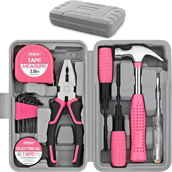 Hi-Spec Mini Tool Kit: Pink Basic Tool Box for College/Dorm, Home & Office DIY. Household Basic Repairs in a Portable Case