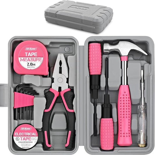 Hi-Spec Mini Tool Kit: Pink Basic Tool Box for College/Dorm, Home & Office DIY. Household Basic Repairs in a Portable Case