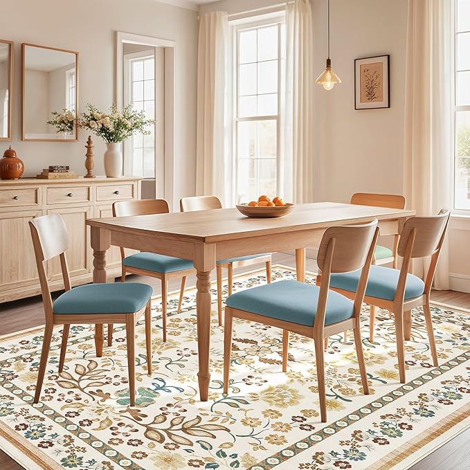 5x8 Area Rug Living Room Rugs - Washable Boho Vintage Floral Large Soft Non Slip Thin Rug Low Pile Carpet for Bedroom Dining Room Kids Playroom Office Decor Indoor- Brown