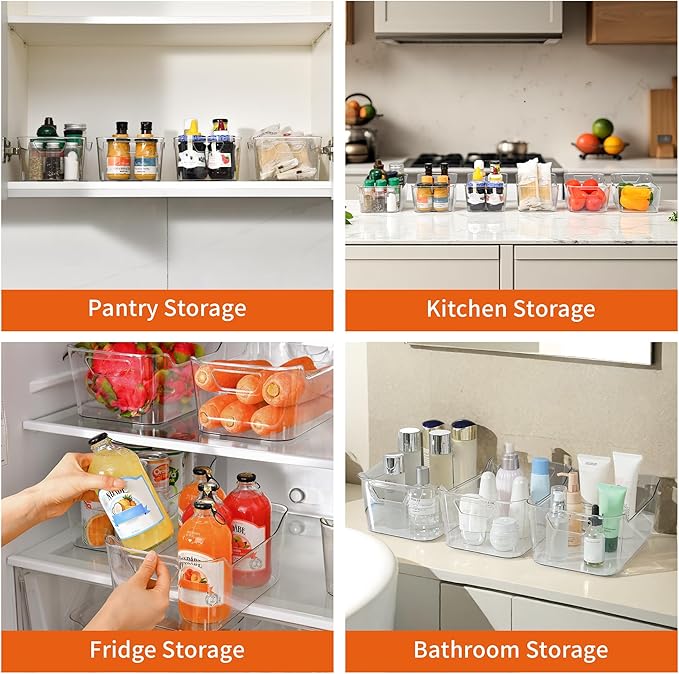 Attelite 12 Pack Clear Plastic Storage Bins, Multi-Use Pantry Organizers and Storage, Pantry Organizer Containers for Home, Kitchen, Freezer, Fridge, Cabinet, Bathroom and Under Sink Organizing