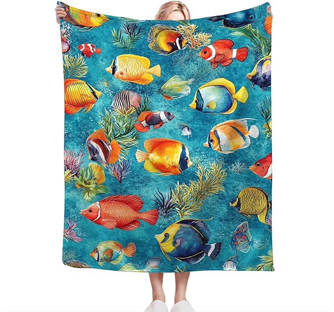 Tropical Fish Blanket Gifts for Girls Boys Soft Warm Plush Sea Ocean Fish Throw Blanket Flannel Fleece Fuzzy Colorful Fishing Blanket for Kids Lover Bed Couch Living Room Decor 80"X60"