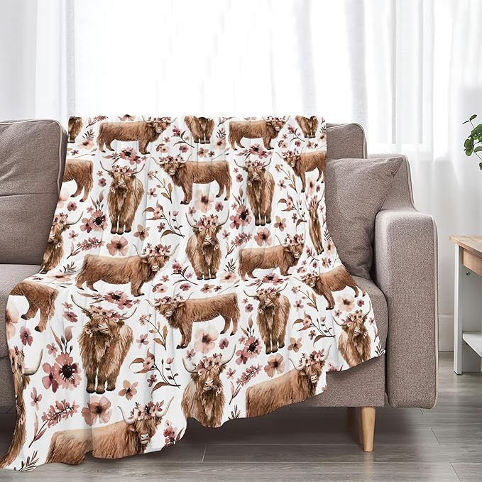 Highland Cow Blanket Super Cozy Soft Highland Cow Throw Blanket Warm Plush Fluffy Cow Lightweight Fleece Flannel Gifts Blankets for Kids Adults 80"X60"