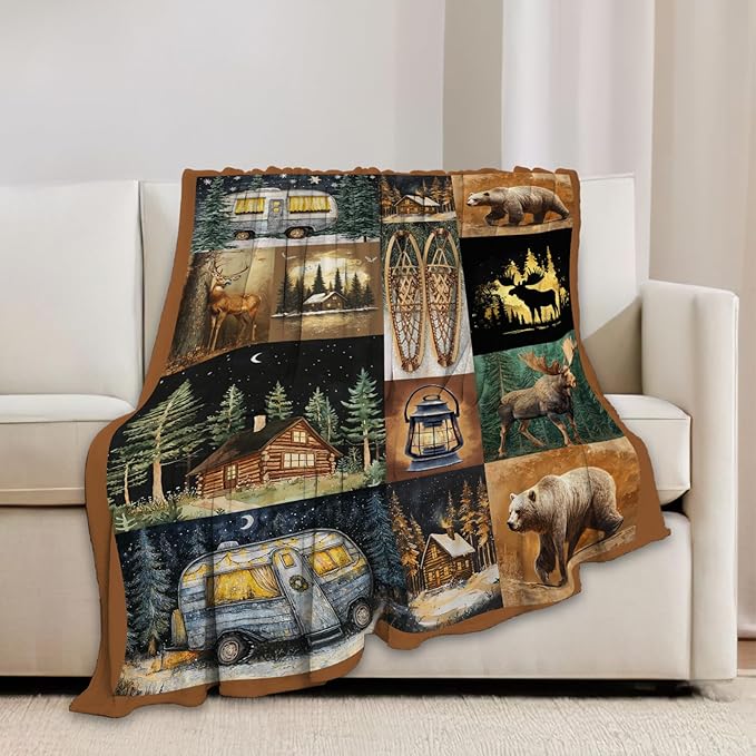 Camping Blanket Cabin Bear Deer Throw Blankets Gifts for Girls Boys Kids Camping Lover Soft Cozy Fleece Plush for Couch Sofa Bed 60"x50"
