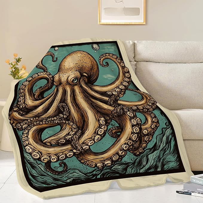 Octopus Blanket, Ocean Octopus Throw Blanket, Nautical Marine Gifts Blankets Stuff Fleece Flannel Plush for Girls Women Men Boys Lovers Adults Soft Bedding Gift for Sofa Bed Office Home Decor 60"x50"