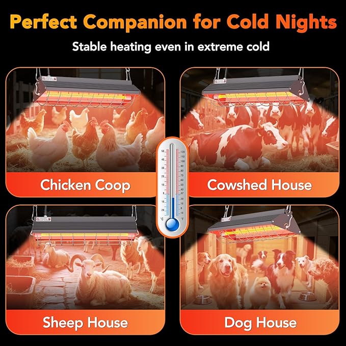 Large Heat Lamp for Chickens, 300W Carbon Fiber Heater for Chick Brooder - Adjustable Height Chicken Coop Heater with 2 Temperature Modes, Long-Lasting 10,000H, Ideal Chicken Coop Accessories