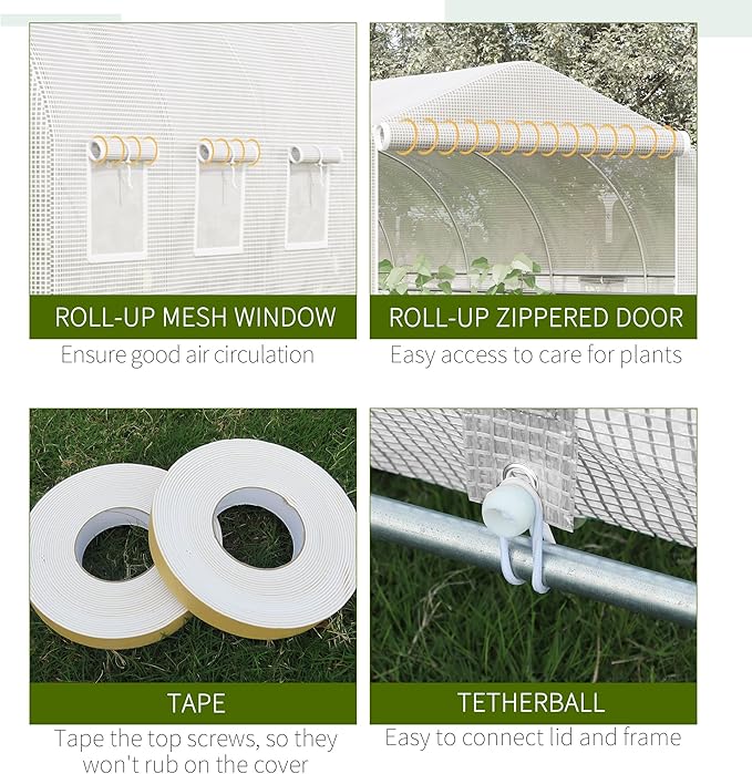 Outsunny 20' x 10' x 7' Walk-in Tunnel Greenhouse with Zippered Door & 8 Mesh Windows, Large Garden Green House Kit, Galvanized Steel Frame, White