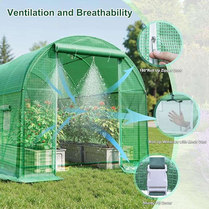 Greenhouse with Watering System, 10x7x7 Outdoor Greenhouse with 6 Mesh Windows and 1 Door, Easy Water and Irrigate Plants Green House (Green, 10x7x7 ft w/ Irrigation System)