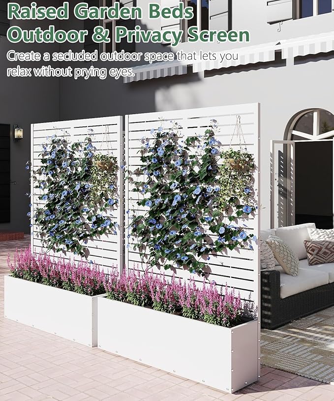 Metal Planter Box with Trellis,70.9"x47.2"x15.7" Raised Garden Bed with Drainage Holes, Privacy Planters for Outdoor Garden Bed for Climbing Plants,Vegetables,and Vines, White-louvered