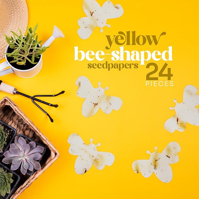 Wildflower Seed Paper - Set of 24 Yellow Bee-Shaped with Envelopes and Planting Instruction, Writable & Plantable Gift for Moms and Plant Lovers, Ideal for Weddings, & Baby Showers