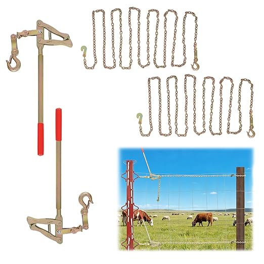 AIWFL 2 PCs Chain Link Fence Stretcher Tool with 19.7FT Chain, Heavy Duty Steel Fence Puller Stretcher Wire Tensioner, 2200lbs Capacity Barbed Wire Fence Bar Puller for Farm, Ranch, Fence Repair
