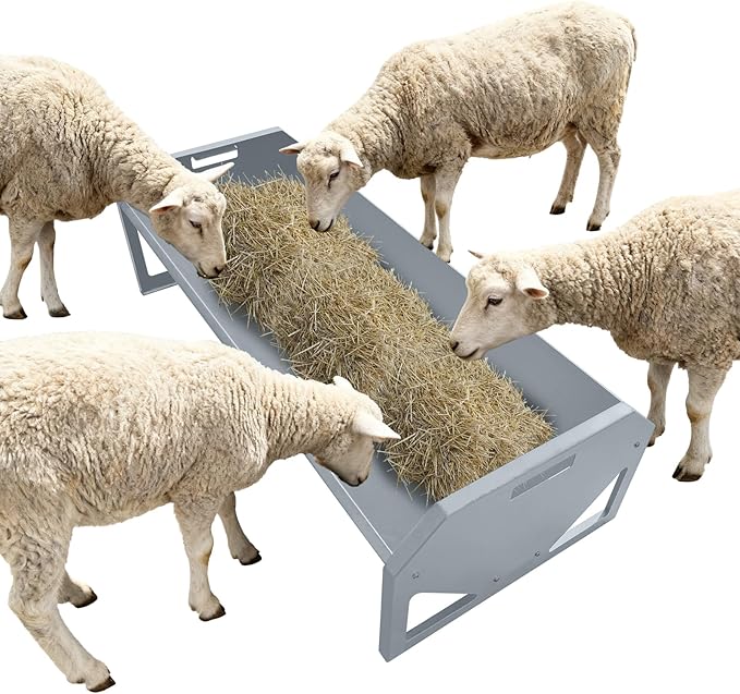 GarveeLife Livestock Feeding Trough, Heavy Duty Steel Livestock Trough for 10 Sheep Once, 22 Gallon Capacity 45.13" Hay Feeder for Horse, Goat, Sheep, Cattle, Cow, Alpaca, Silver