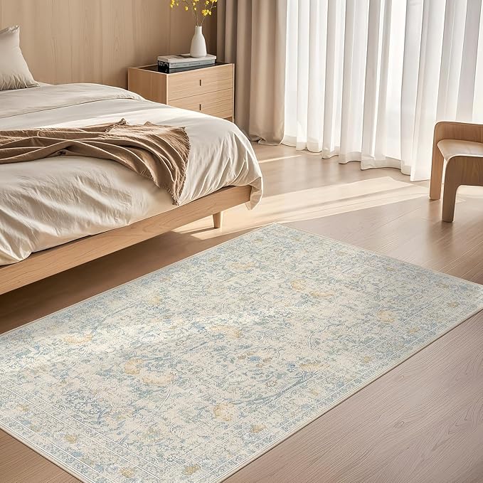 3x5 Area Rug Living Room Rugs - Washable Boho Vintage Floral Large Soft Non Slip Thin Rug Low Pile Carpet for Bedroom Dining Room Kids Playroom Office Decor Indoor- Light Blue