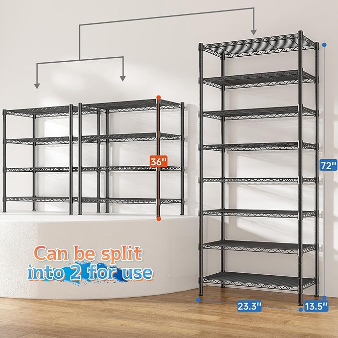 8 Tier Wire Shelving Rack Storage Shelves Loads1200LBS,Adjustable Metal Shelving Unit and Metal Shelf Pantry Shelves Industrial Shelving for Commercial Kitchen Office 72H X 13.8D X 23.6W
